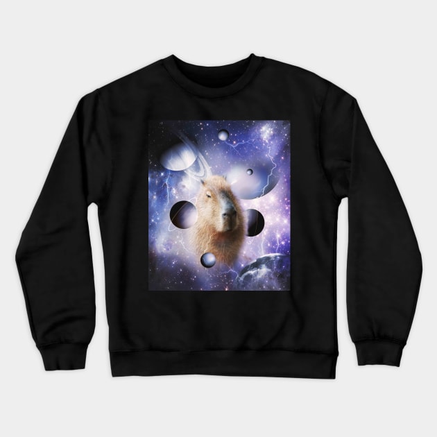 Capybara Face In Cosmic Galaxy Lightning Moon Space Crewneck Sweatshirt by Random Galaxy